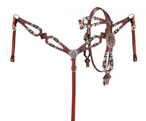 Showman Turquoise and Orange beaded browband headstall and breast collar set